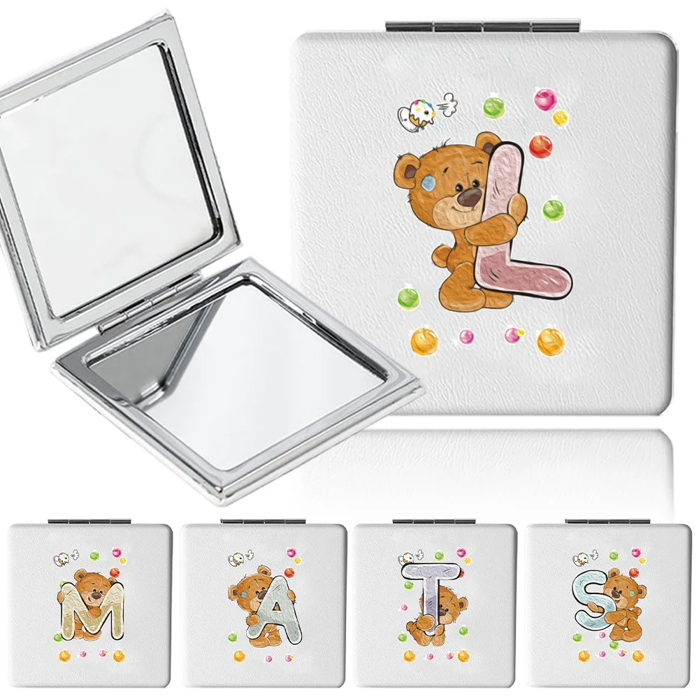Portable Makeup Mirror Durable PU Desktop Mirror Women Beauty Tool Suitable for Carrying Accessories Bear 26 Letters Pattern