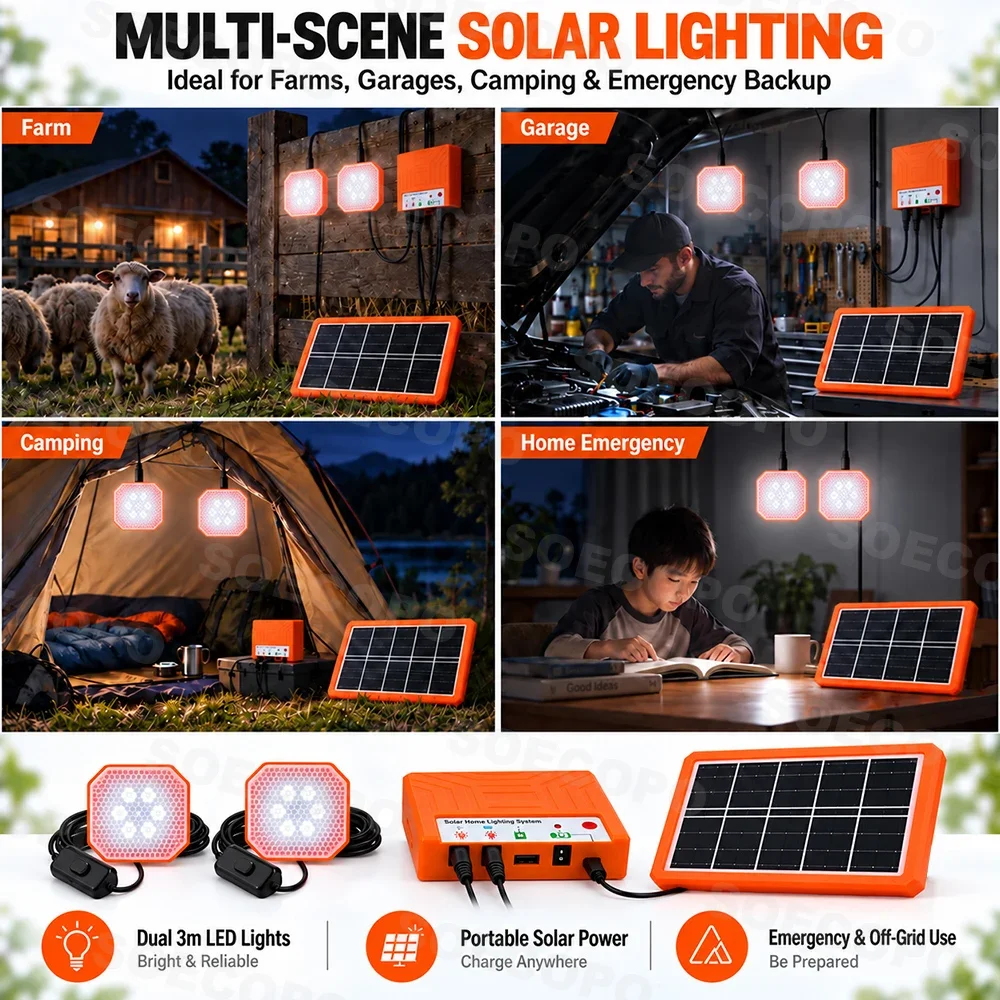 Portable Solar Light System 4W Panel 2400mAh Battery Box Dual 5V 3W LED Lamps Emergency Backup for Livestock Barn Farm Shed Yard