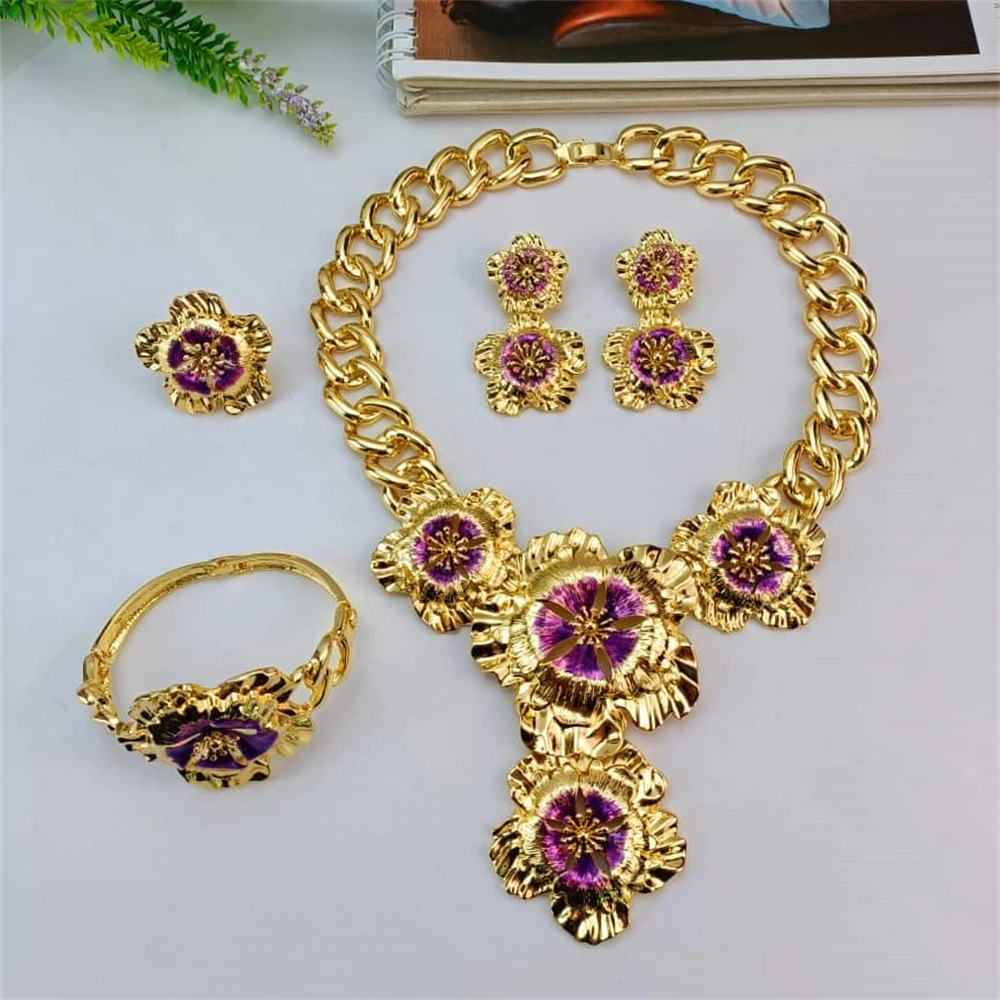 

EMMA Dubai Jewelry Set for Women Italian Gold Plated Big Flower Necklace Earrings Bracelet Ring Wedding Party Fine Jewelry