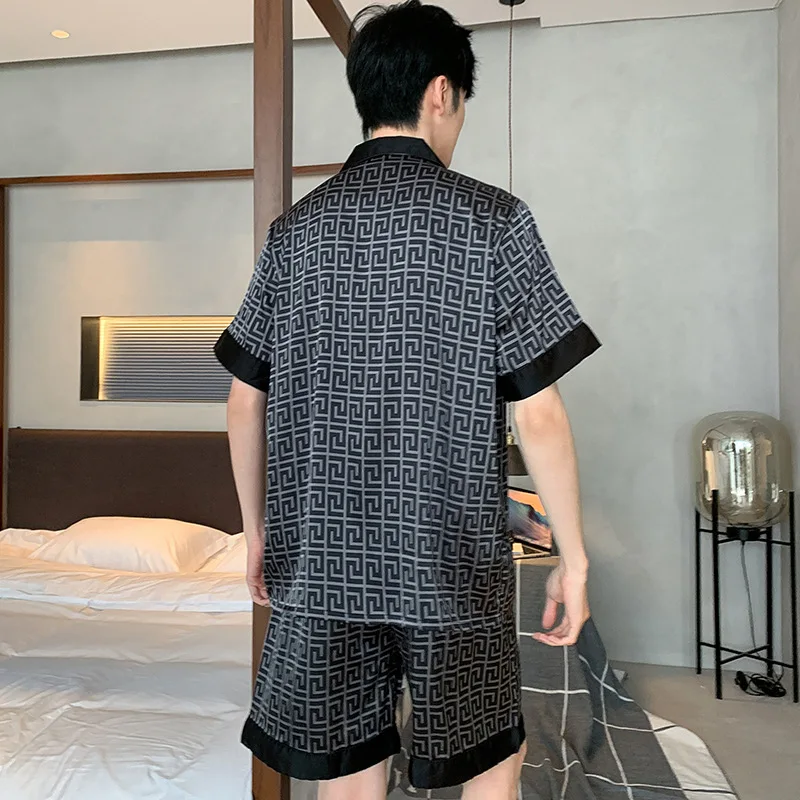 Fashion Ice Silk Pajamas Suit Men Summer Satin Short-sleeved Shorts Loungewear Outside Male High Quality Sleepwear Set Spring