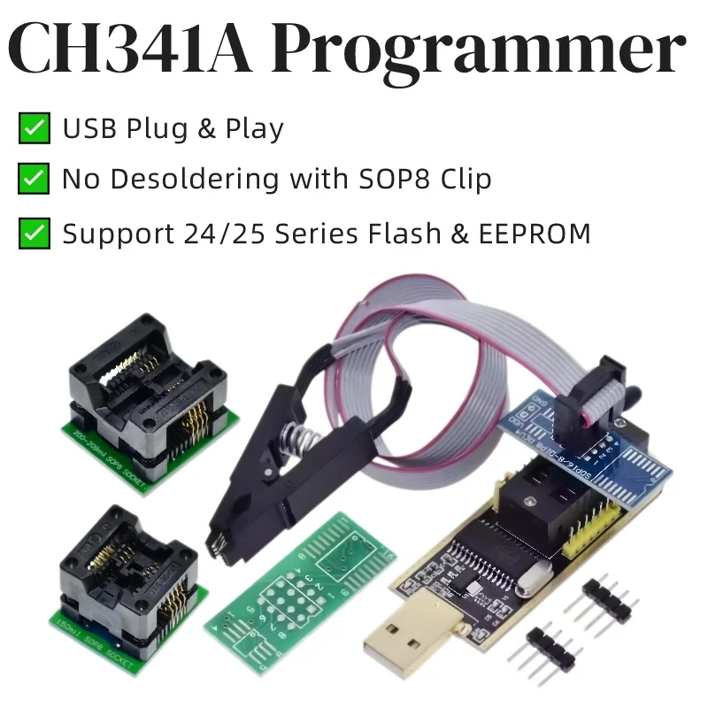 1Set CH341A Usb BIOS Programmer With SOP8 Clip, 24/25 EEPROM SPI Flash Read Write Kit