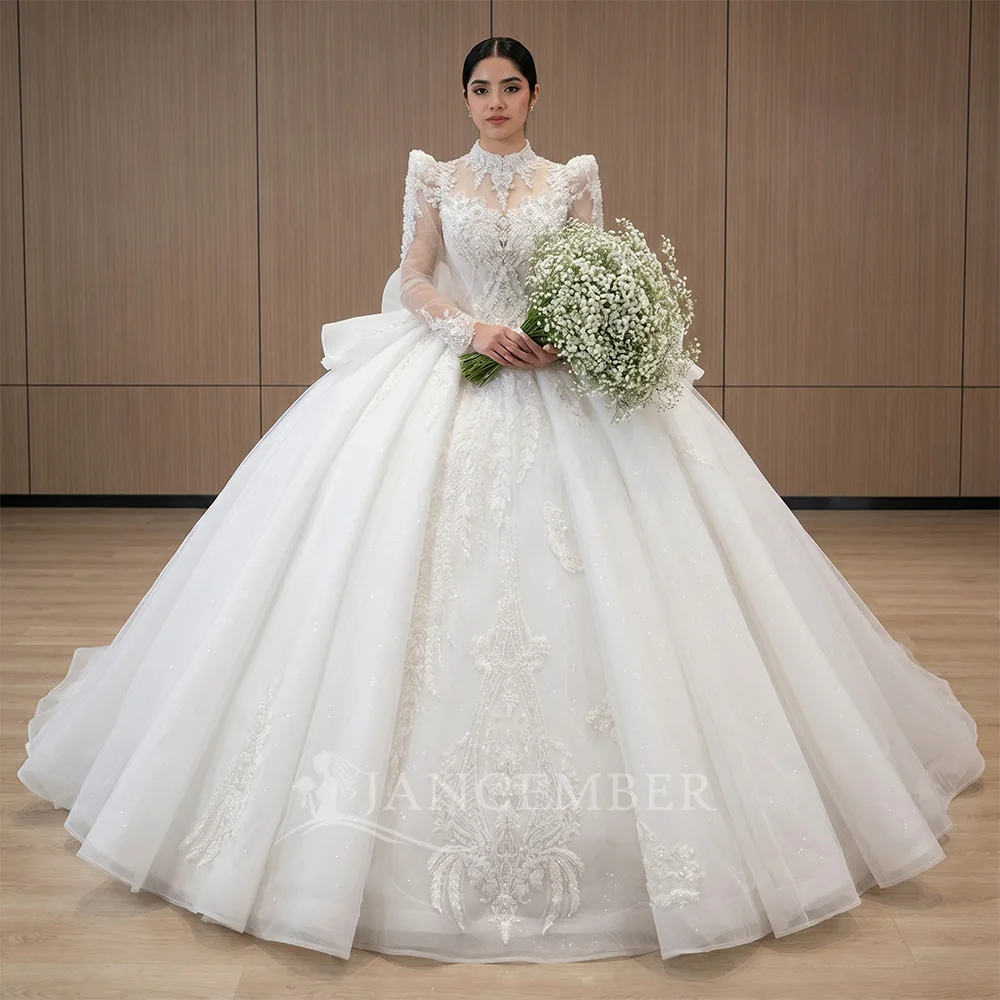 Custom Made Luxury Ball Gown Wedding Dresses Delicate Beaded Customized Appliques Lace Neck Bridal Gowns vestidos de novia boda