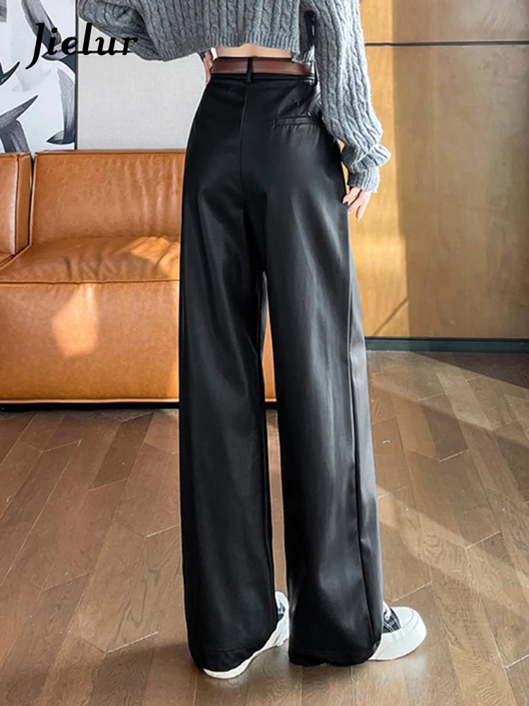 Jielur Fashion Office Lady Pu Wide Leg Pants New Solid Color Chic Zipper Thick Casual Female Trousers Winter Loose Women's Pants