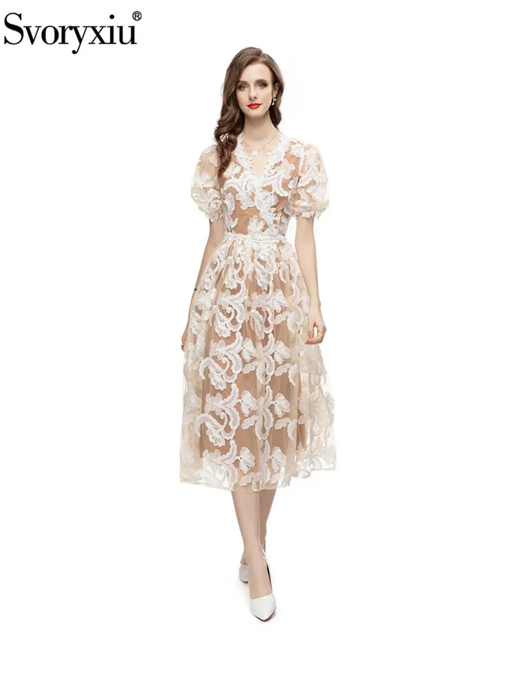 

Svoryxiu Fashion Runway Summer Vintage Elegant Midi Dress Women's V-Neck Net Yarn Lace Lantern Sleeve High Waist A-Line Dress