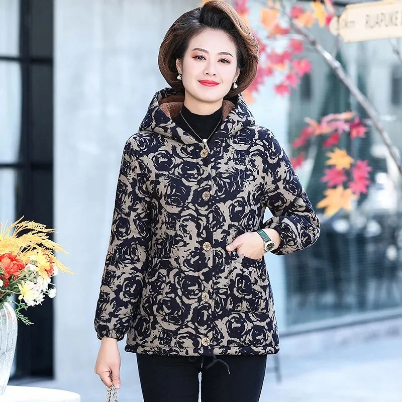 Mother Winter Down Cotton-padded Jacket 2024 New Middle-aged And Elderly Women Large Size Fleece Fashion Print Warm Coat Women6X