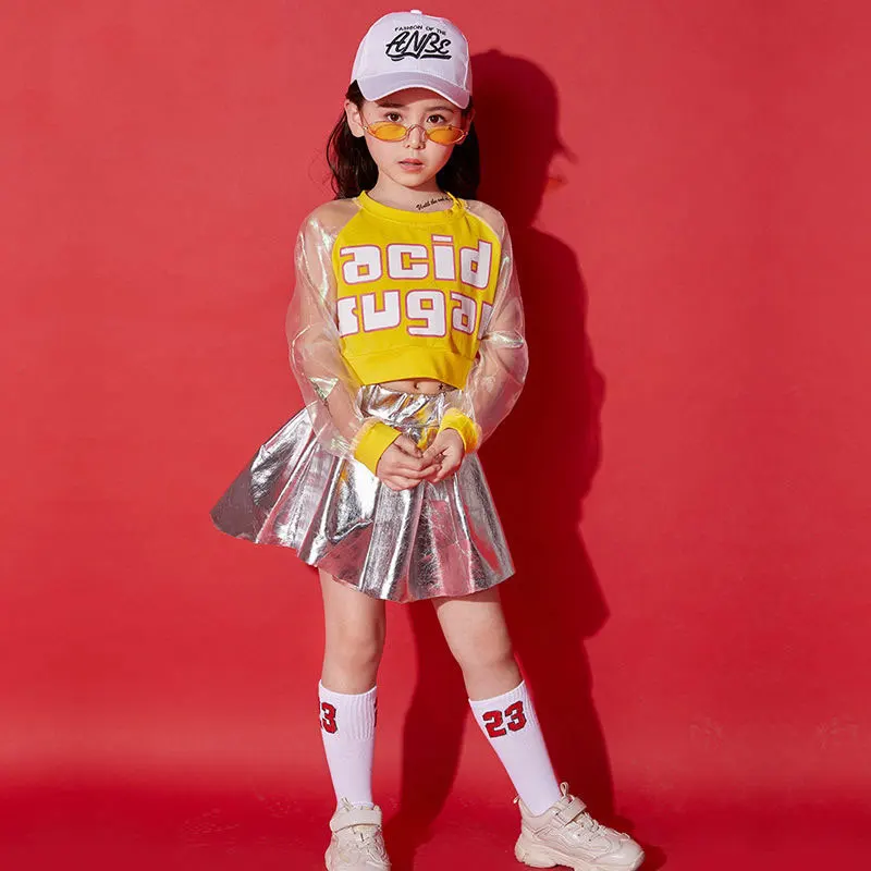 

kid jazz dance Hip Hop Kids Cool Crop Top K-pop Street Dance top Skirts Girl Streetwear Children Yellow Jazz Costume Clothes Set