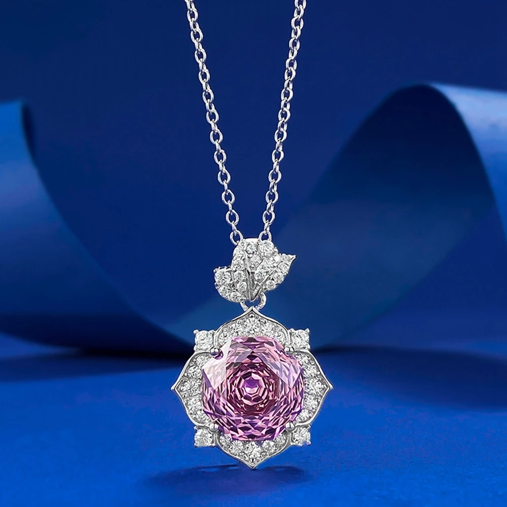 Wong Rain 100% 925 Sterling Silver 10 MM Flower Cut Lab Sapphire High Carbon Diamond Gemstone Pendant Necklace Jewelry Wholesale