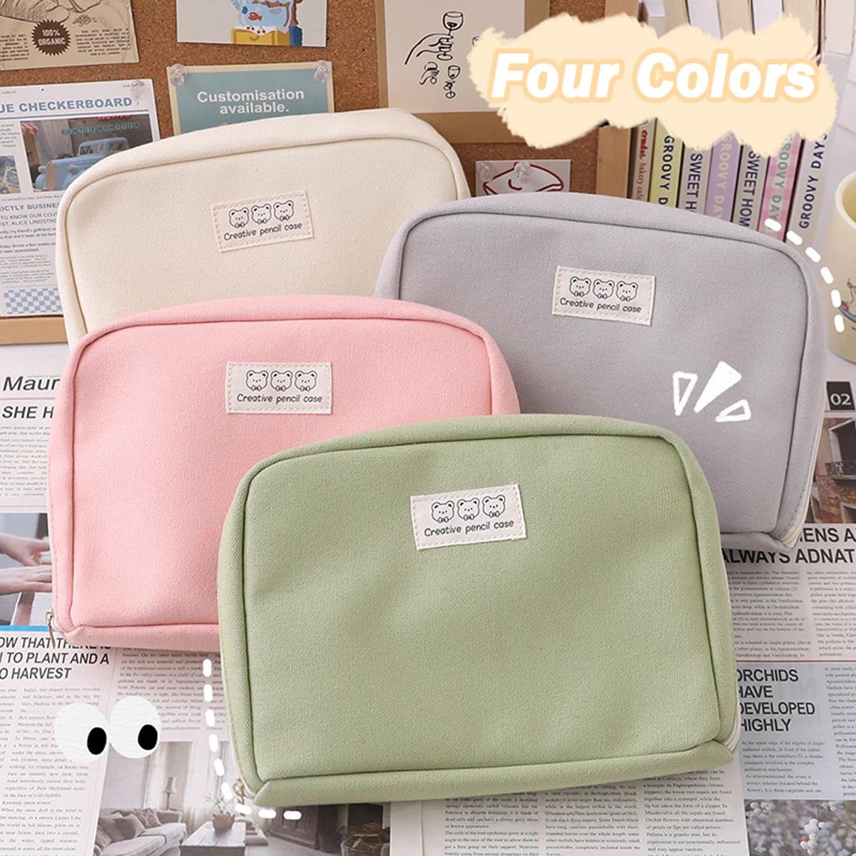 Large Capacity Kawaii Pencil Case Cosmetic Bag Cute Canvas Pen Pouch Organizer Korean for Girl School Office Supplies Stationery