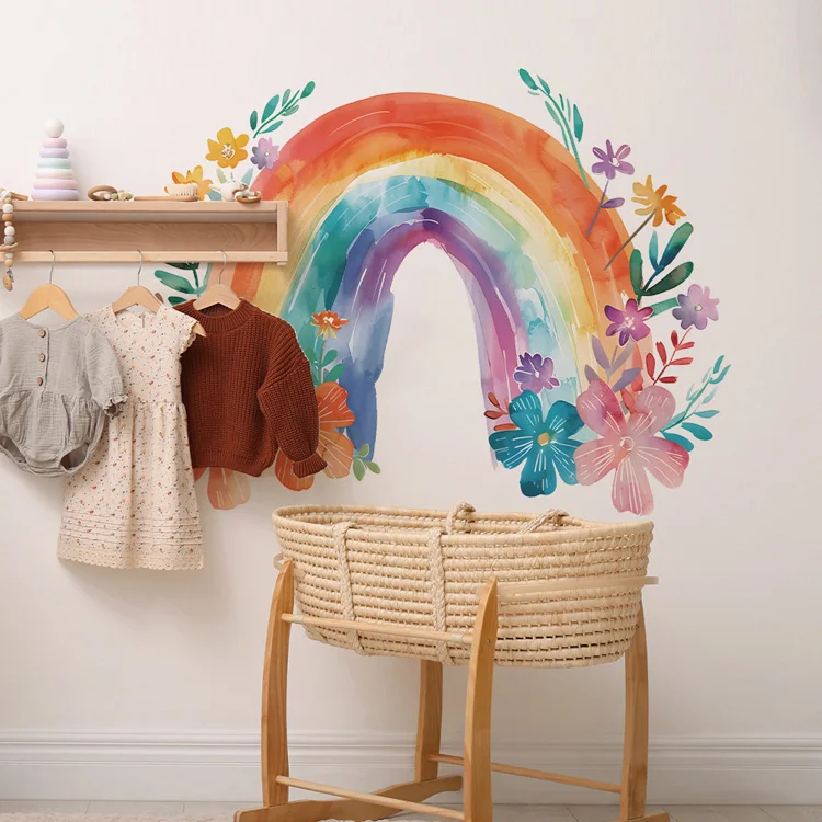 Bunte Blumen, Blätter, Regenbogen, Wandaufkleber, Kinderzimmer, Hintergrunddekoration, Tapete, Schlafzimmerdekoration, selbstklebende Wandaufkleber für Zuhause – Detail 3