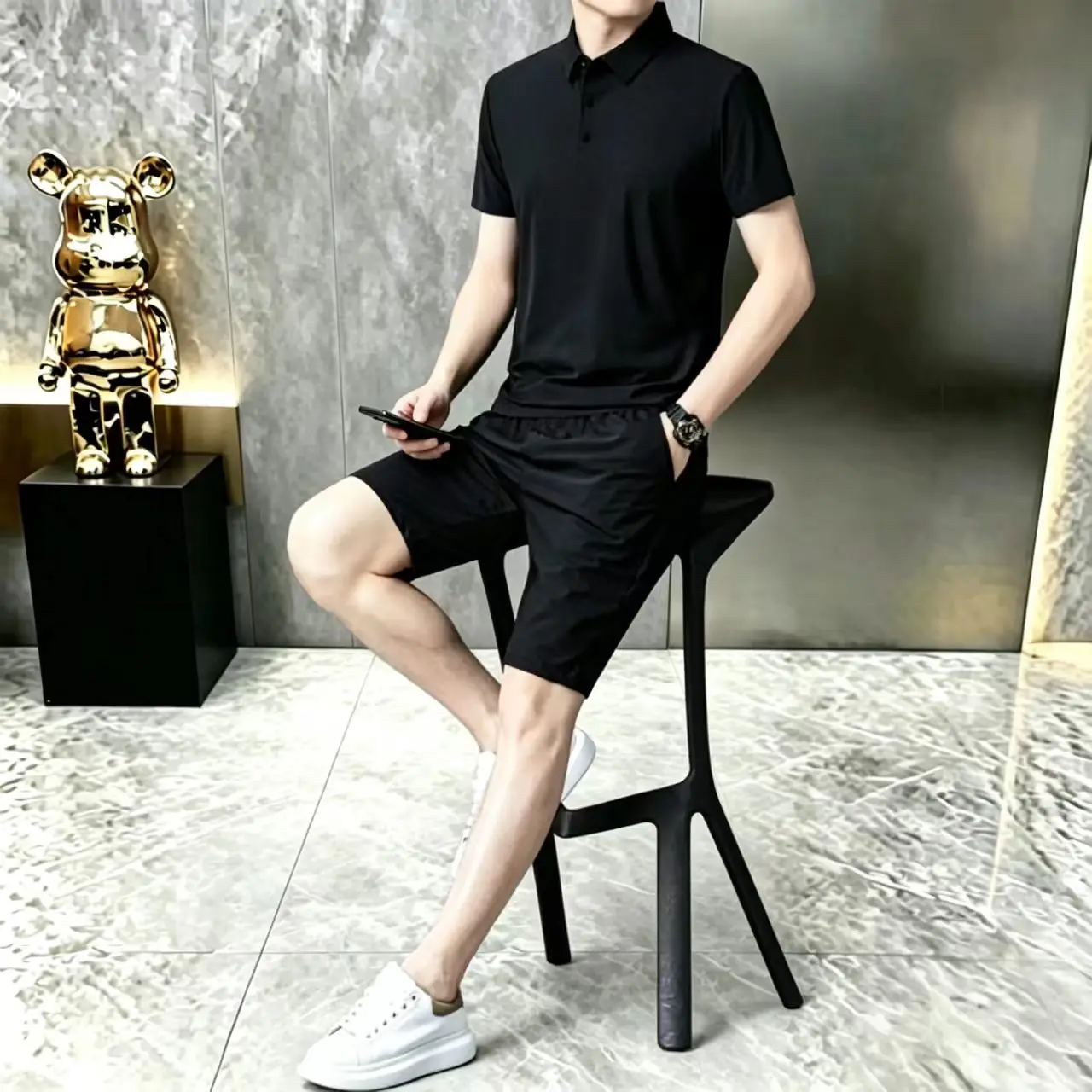 

2026 Summer New Men's Fashion Casual Shorts Seamless Set Summer Two-Piece Silk Set