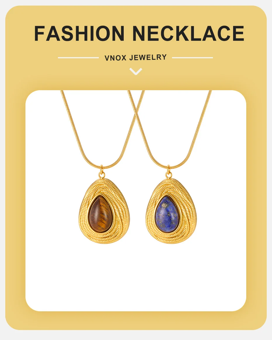 Vnox Vintage geometrische Tigerauge-Anhänger-Halskette für Damen, minimalistischer goldfarbener Edelstahl-Anhänger mit Schlangenkette, Schmuck – Detail 1