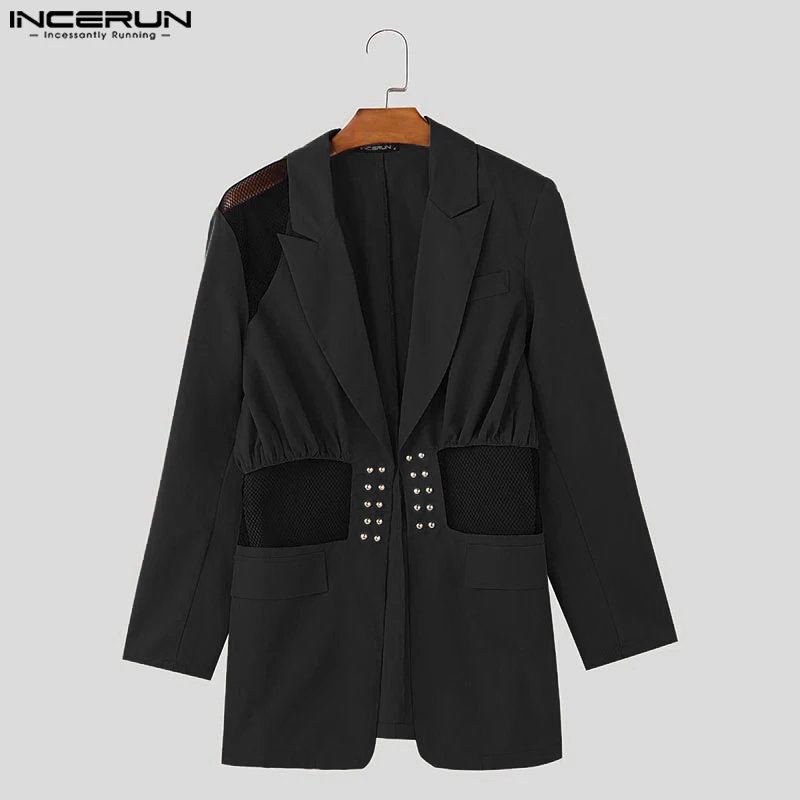 INCERUN Men Blazer Mesh Patchwork Lapel Long Sleeve See Through Male Suit Streetwear 2026 Fashion Casual Blazer Thin Coats Men