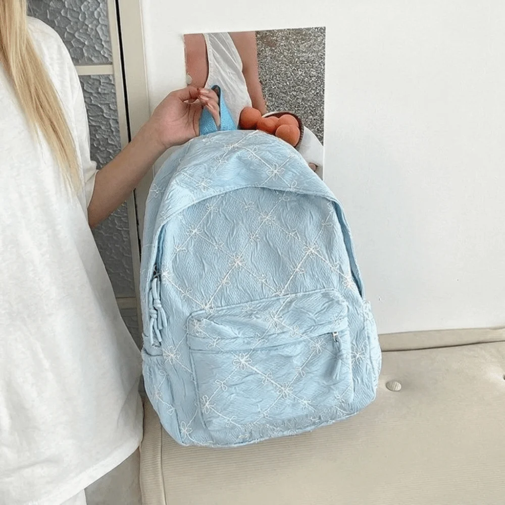 Cute Sweet Bow Backpack Minimalist Solid Color Nylon Rucksack Lightweight Large Capacity Student School Bag Gift