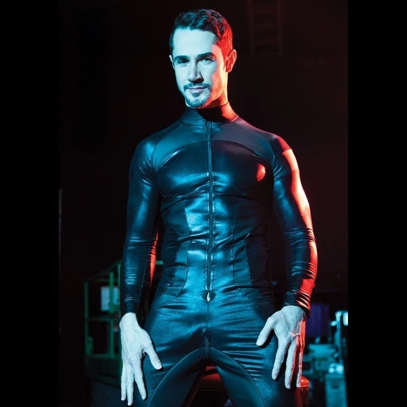 Men Stitching Leather Zentai Suit Stretchy Leather Men Tights Jumpsuit Black with BTM Zipper Gay Sex Costumes Erotic Club Party