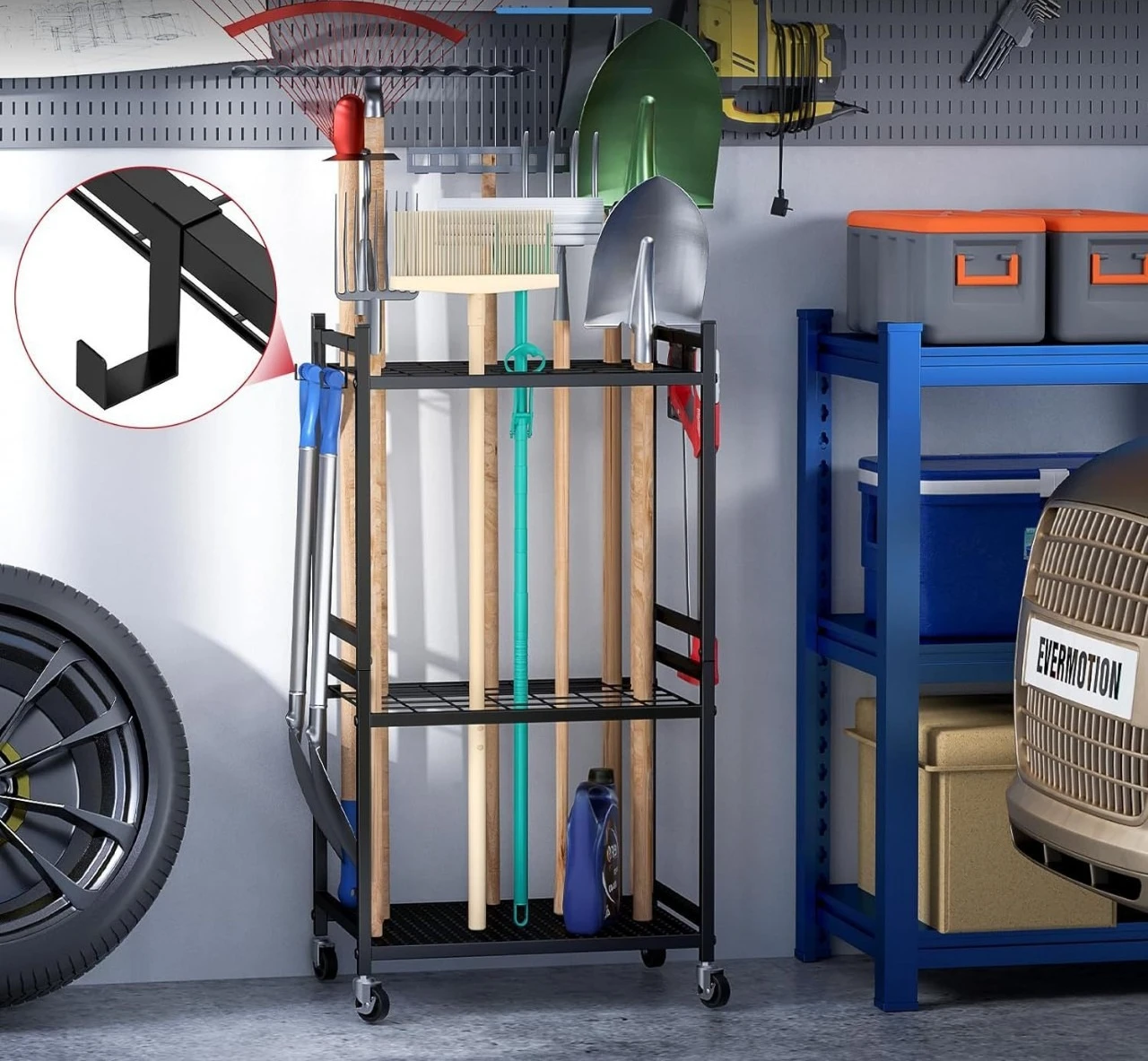 Iron Garden Tool Wall Rack Hanging Organizer Straight Hook Heavy Duty Metal for Garage Shed Patio Yard Workshop Storage Outdoor