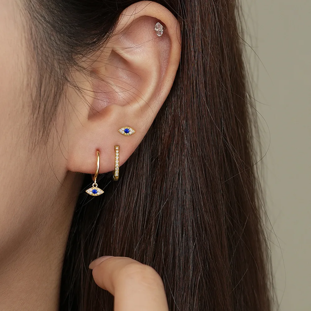 925 Sterling Silver Blue Zircon Evil Eye Stud Earrings for Women Hamsa Fatima\'s Hand Turkish Eye Earrings Piercing Jewelry