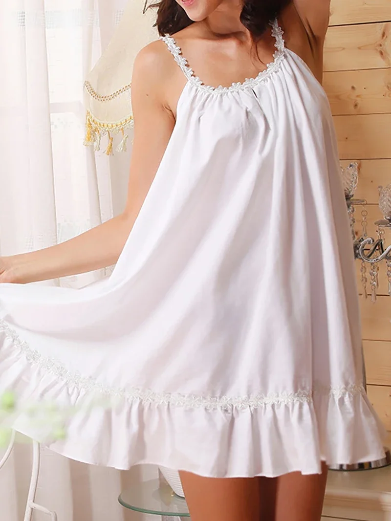 Women Retro Vintage Nightdress Sleeveless Princess Pajamas Nightgown Cotton Spaghetti Strap Loose Ruffles Victorian Sleepwear