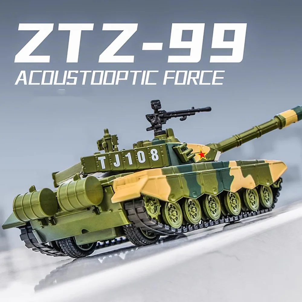 1:32 Scale ZTZ-99 Alloy Diecast Model Tanks Sound Light Pull Back Rubber Track High Simulation Military Vehicles for Boys Gifts