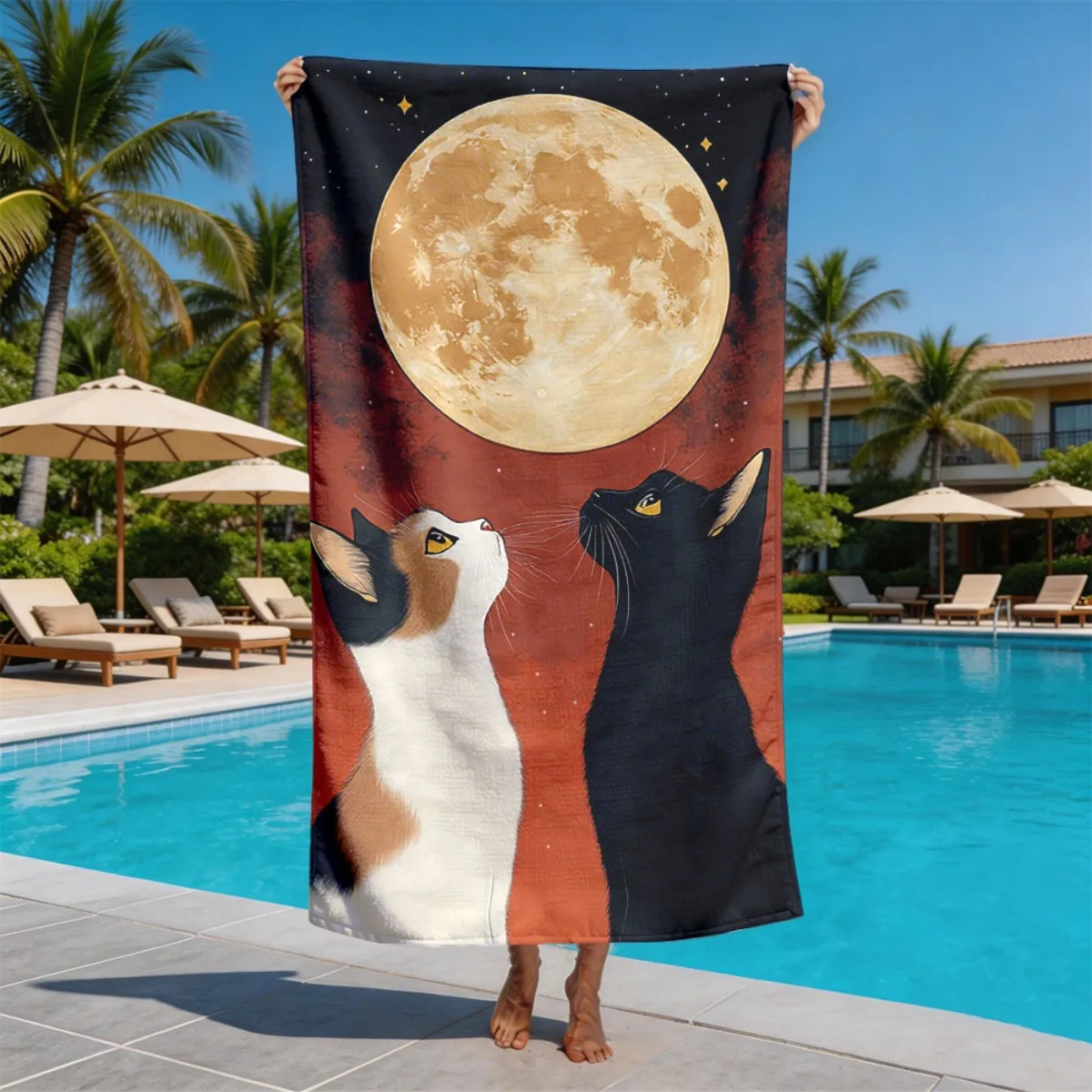 Theme of Two Cats Watching the Moon polyester microfiber beach towel is highly absorbent suitable for swimming and beach outings