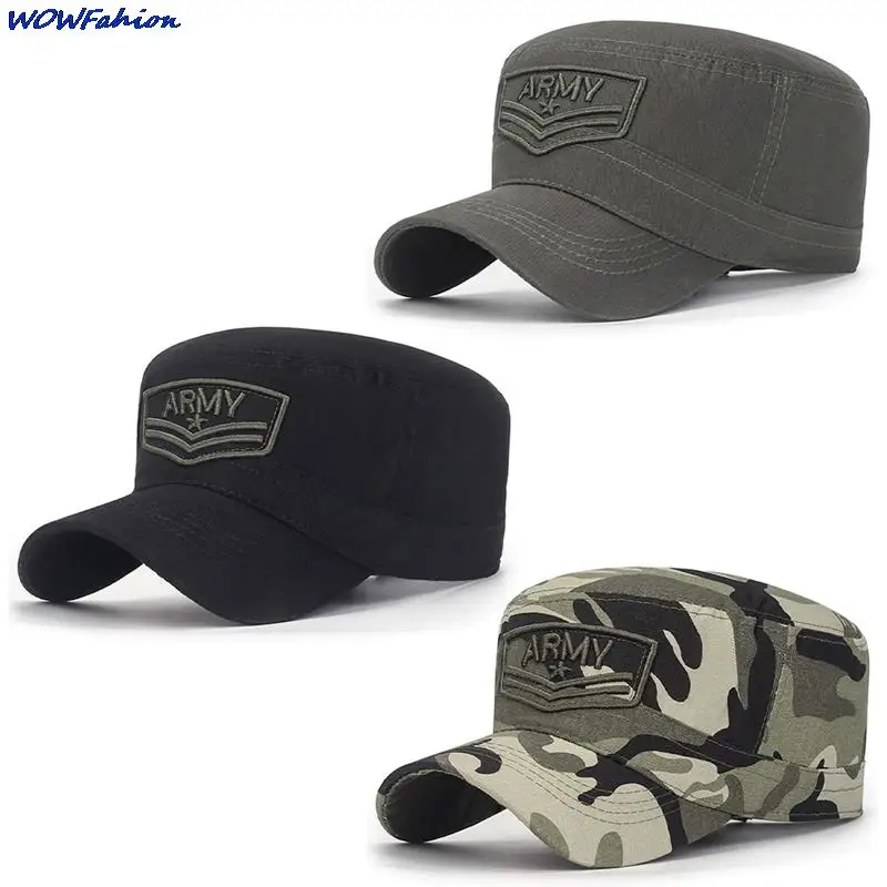 Summer Men\'s Camouflage Flat Top Hat Men Cotton Hat  Embroidered Letter Sport Cap With Brim Camo Hat