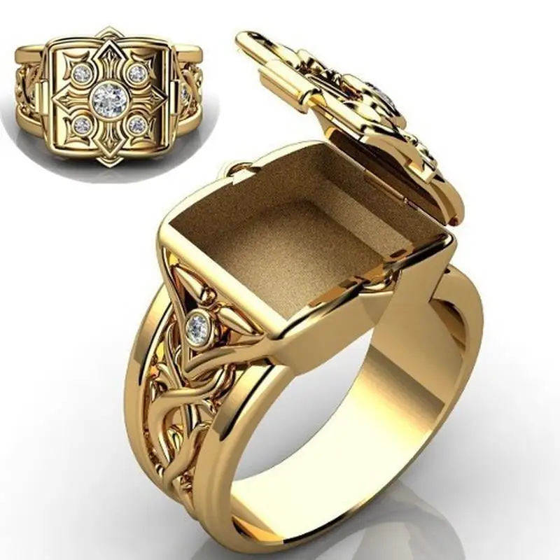 Golden Cross Pattern Can Open The Lid Men's Ring Vintage Punk Men's Ring Secret Compartment Carved Men's Micro Zirconia Rings