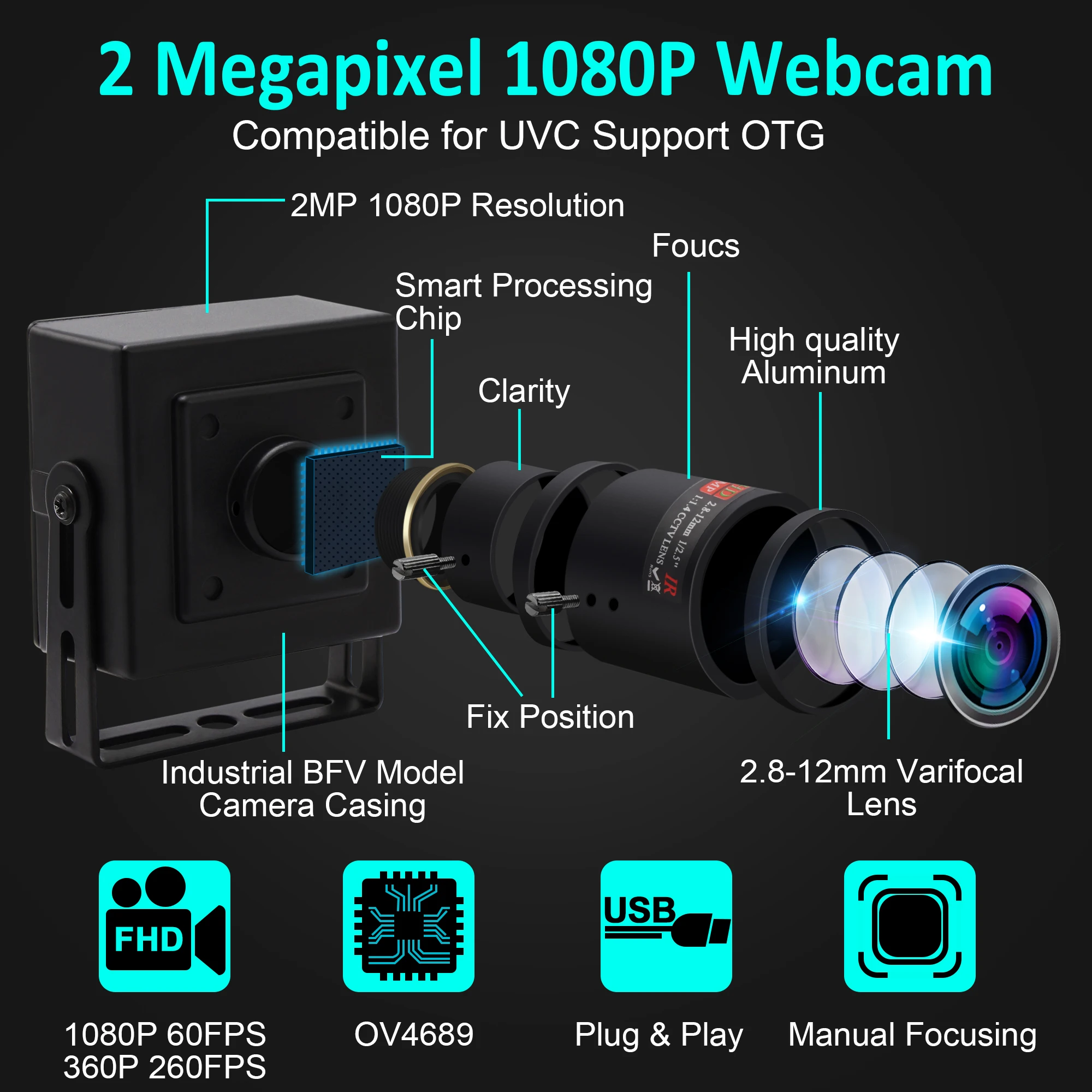 Caméra haute vitesse ELP 2MP 1080P HD OV4689, capteur 260FPS, avec objectif de mise au point manuelle 2.8-12mm, caméra USB UVC avec mini boîtier en métal