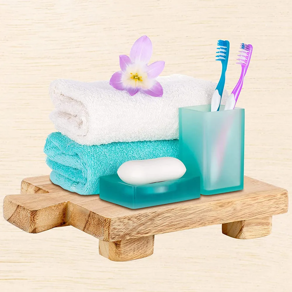 Wooden Base Riser Wooden Tray Bathroom Home Kitchen Sink Rack Wooden Soap Rack For Bottle Plants Makeup Tissue Soap Decoration