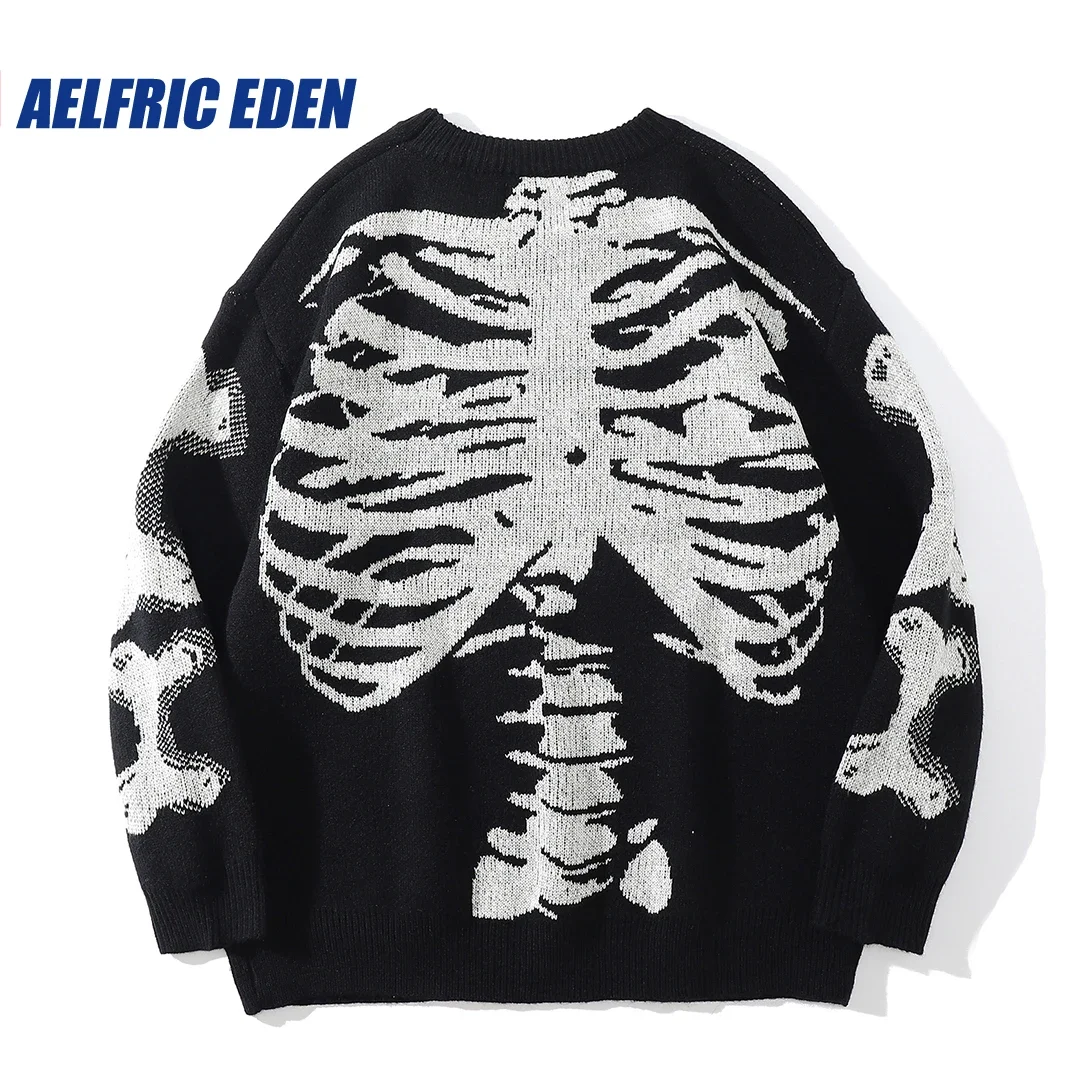 2023 Harajuku Vintage Skeleton Pattern Knit Sweater Men Winter Oversized Mens Hip Hop Rap Pullover Women Jumper Punk Sweater