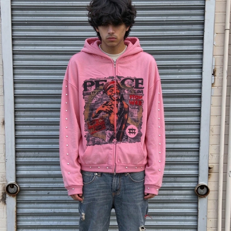 Y2K Zip Up Hoodie Pink Retro Graphic Portrait Print Pearl Studded Sleeve Grunge Vintage Streetwear Unisex Jacket Outwear