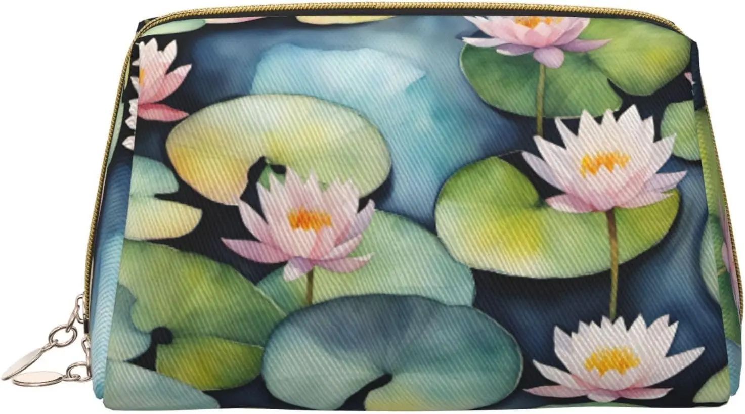 

Black Lily Pads Print Leather zipper makeup bag Cosmetic Pouch Travel Organizer Toiletry Clutch