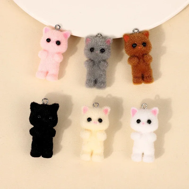 

3Pcs 3D Cute Flocking Brown Cat Resin Charms Animal Plush Doll Pendant For Phone Bag Keychain Earring DIY Crafts Jewelry Make