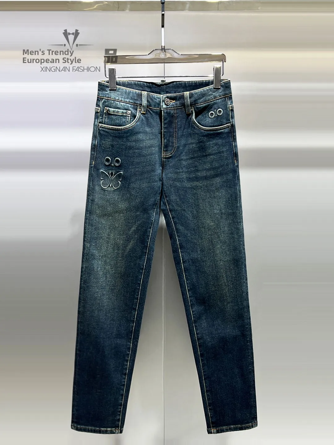

Мужские зимние модные джинсы с флисовой подкладкой, облегающие, с вышивкой, высококачественные, стройнящие, прямые, на молнии