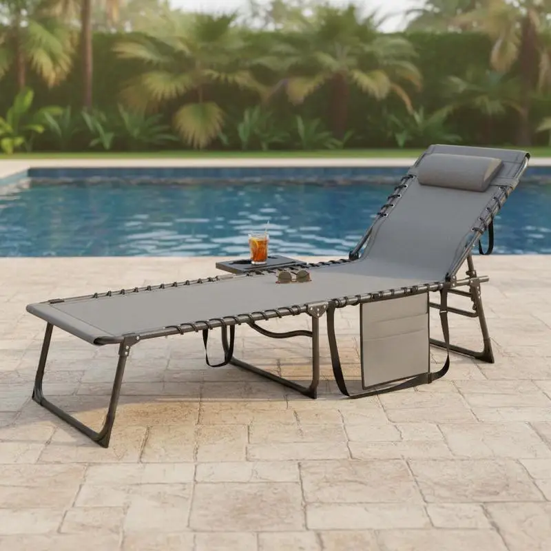 

Garden lounger, foldable and adjustable in 5 positions with side table and bag, 60 x 190 x 31 cm, grey and black