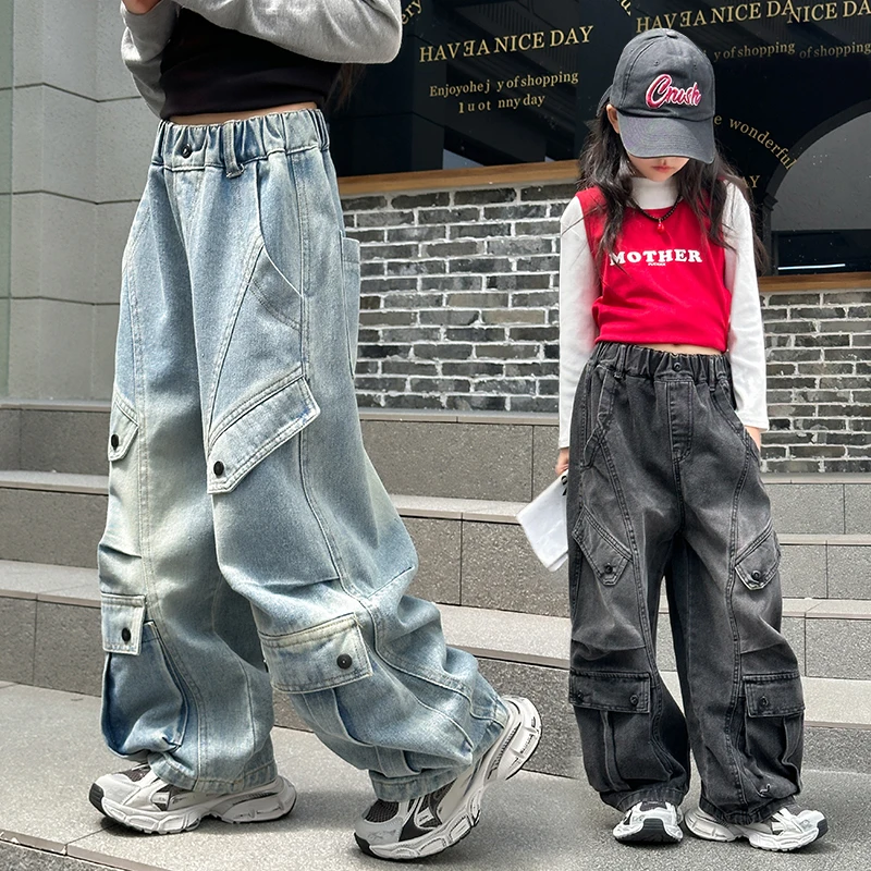 

High Quality Children Cargo Jeans For Girl Casual Trousers Kids Hip Hop Multi Pocket Washed Distressed Relax Fit Denim Pants