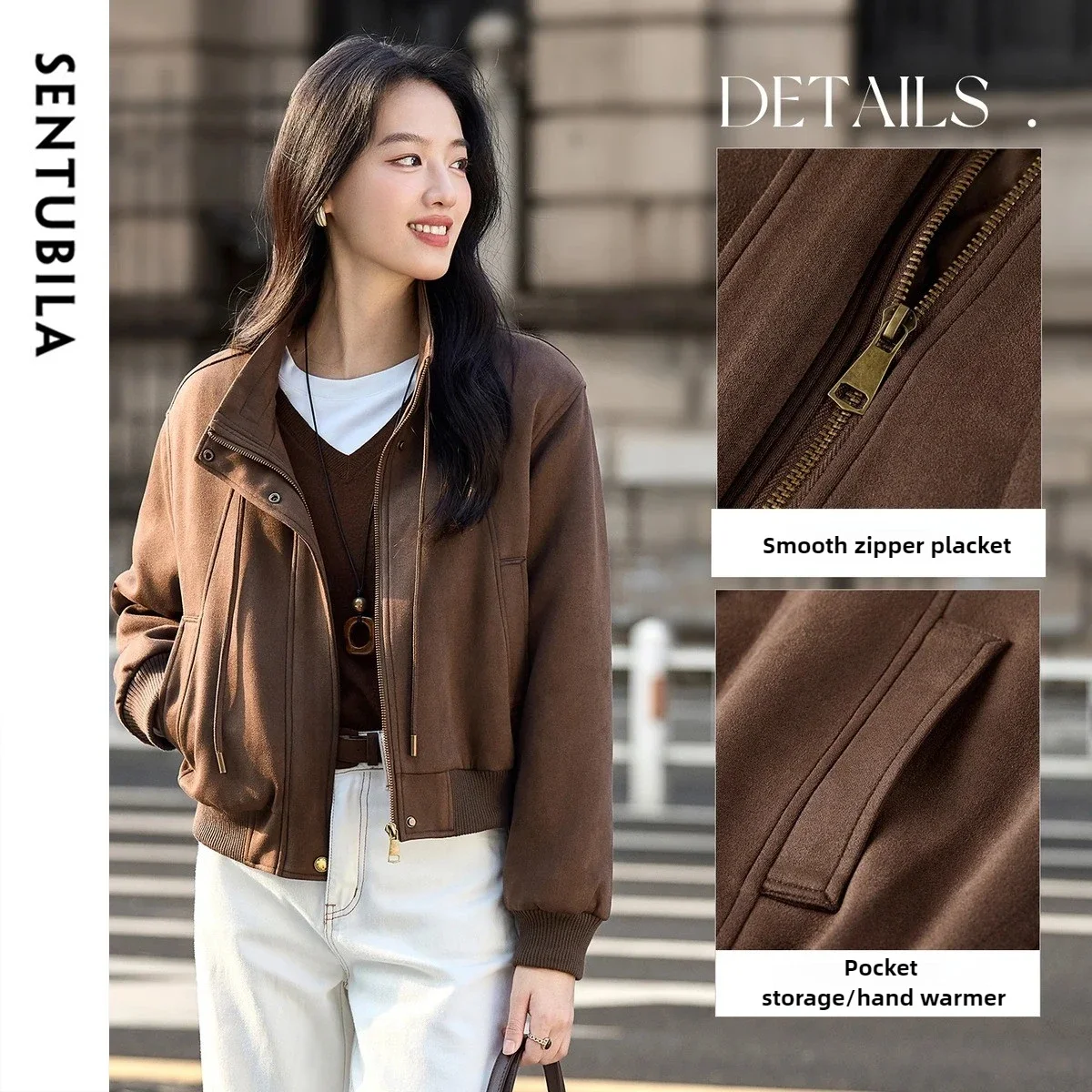 SENTUBILA معاطف الشتاء النسائية 2025 التلبيب الرباط الوقوف طوق البني سترة فضفاضة تناسب طويلة الأكمام النساء الملابس W54WB3844 #3