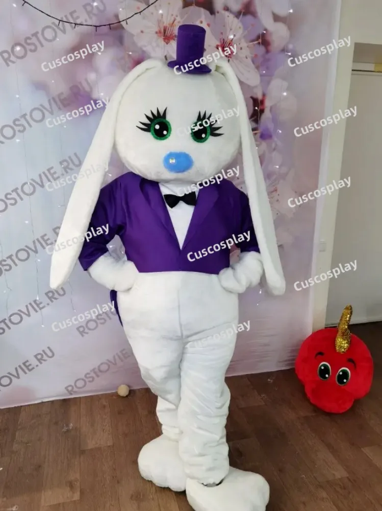 Christmas Cute White Hare Rabbit Purple Suit Easter Bunny Mascotte Fancy Cartoon Mascot Costume Plush Fancy TuxedoMascot Costu