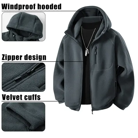 CHRLCK Plus Size Men's Solid Color Winter Fleece Jackets Outdoor Windproof Plus Thickened Warm Jacket Men Hooded Coats 45-150KG