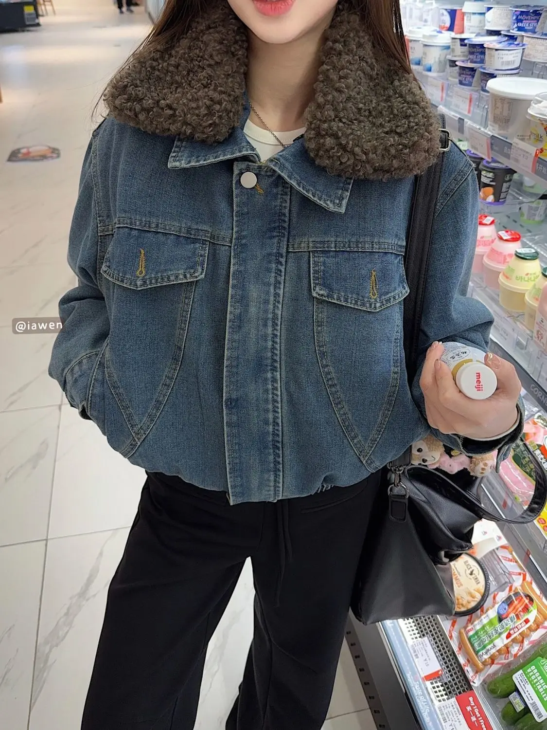 

Denim Coat Belt Fur Plush Womens Fall Pleated Drawstring Standneck Wide Outcoats Subcultural College Outwears Jackets Distressed