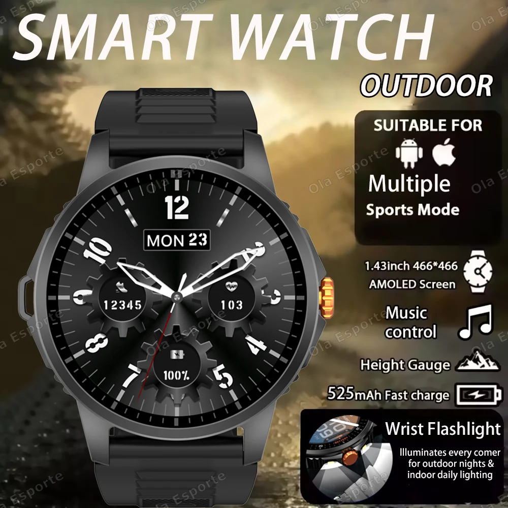 

2026 Military outdoor SmartWatch Fitness Clock Men 1.50 inch AMOLED Screen LED Flashlight Bluetooth Call Waterproof Smart Watch