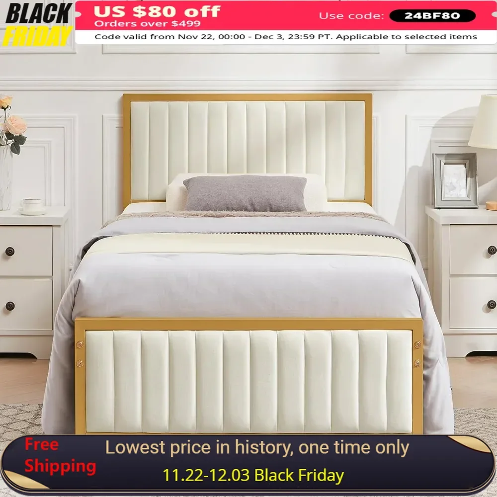 Twin Bed Frame with Upholstered Tufted Headboard & Footboard, Heavy Duty Steel Slats Platform, No Box Spring Needed, Gold