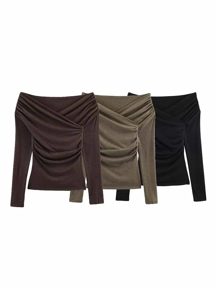 

HH Woman Early Spring Fashion Long Sleeves Solid Color Boat Collar Pleated Decoration Slim Tops Female Casual Versatile Tops