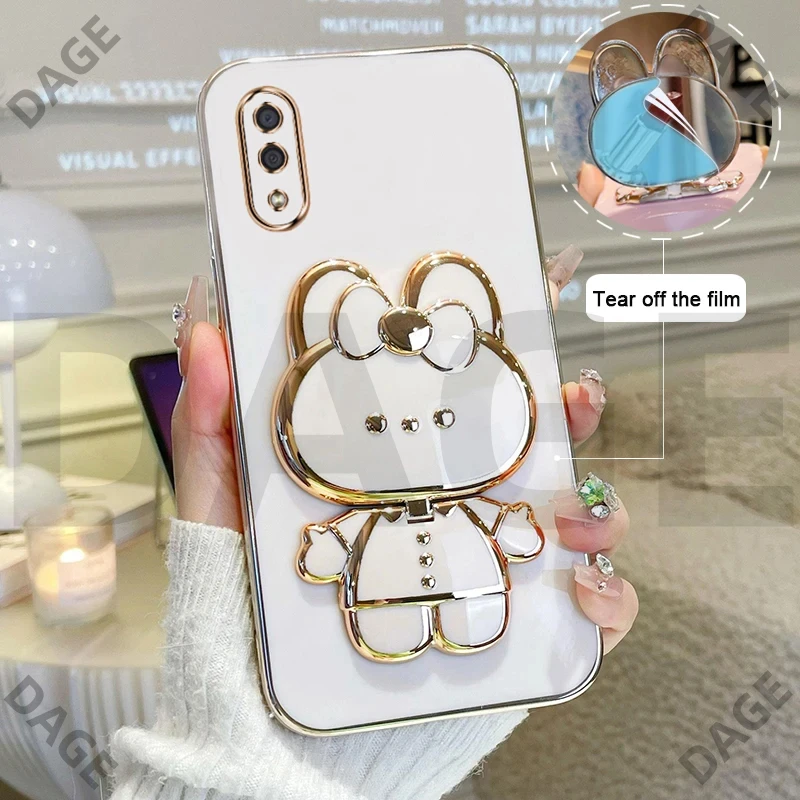 Plating Cartoon Rabbit makeup Mirror Holder Casing for VIVO V2029 V2043 V2026 V2028 V2033 V2042 Y20 Y20i Y20S Y12S Y11S Cover