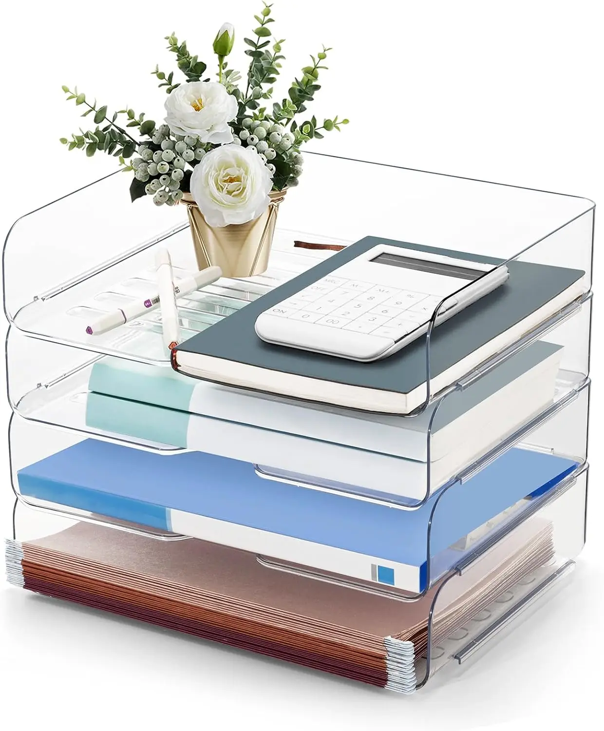 4-Tier Stackable Clear Desktop Organizer, Paper Letter Tray for Documents, Books, Office Supplies, 4 Pack