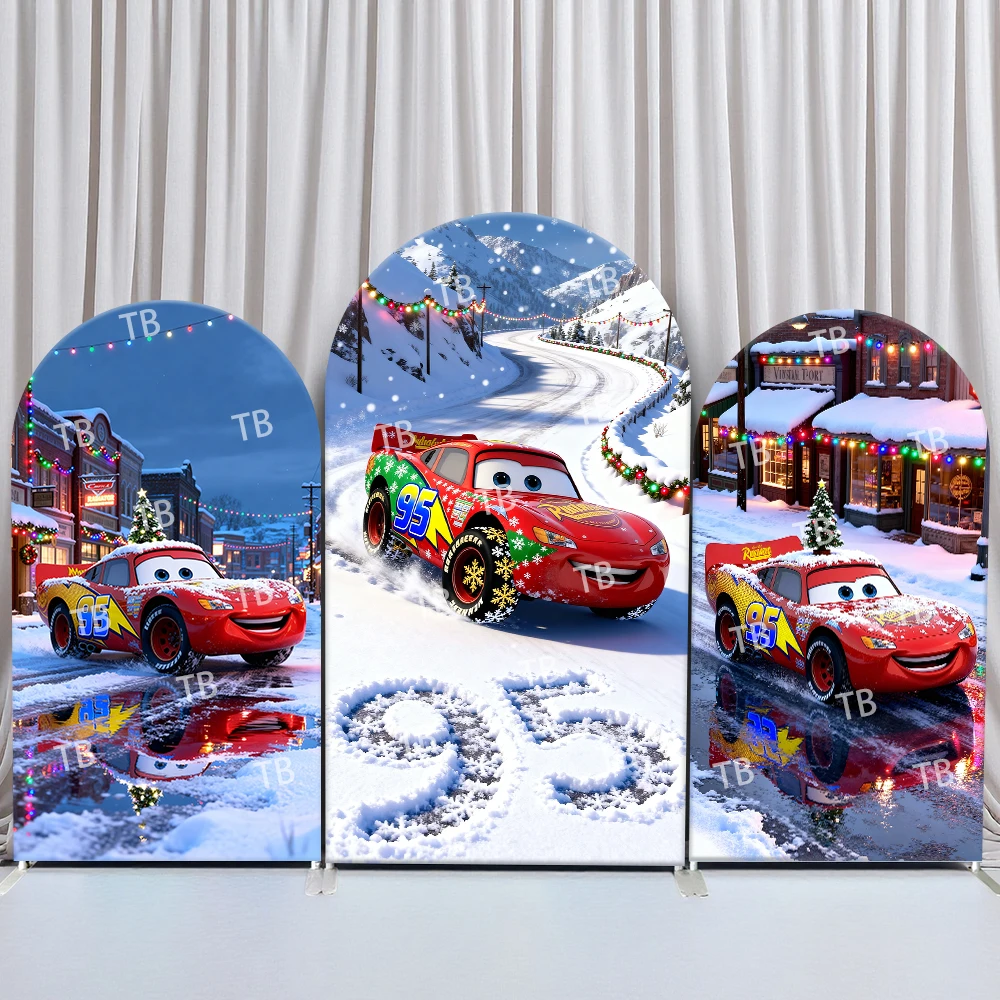 

Disney Cars Arch Backdrop Cover Birthday and Baby Shower Winter Snow Town Christmas Theme for Kids Party Photo Booth Decor