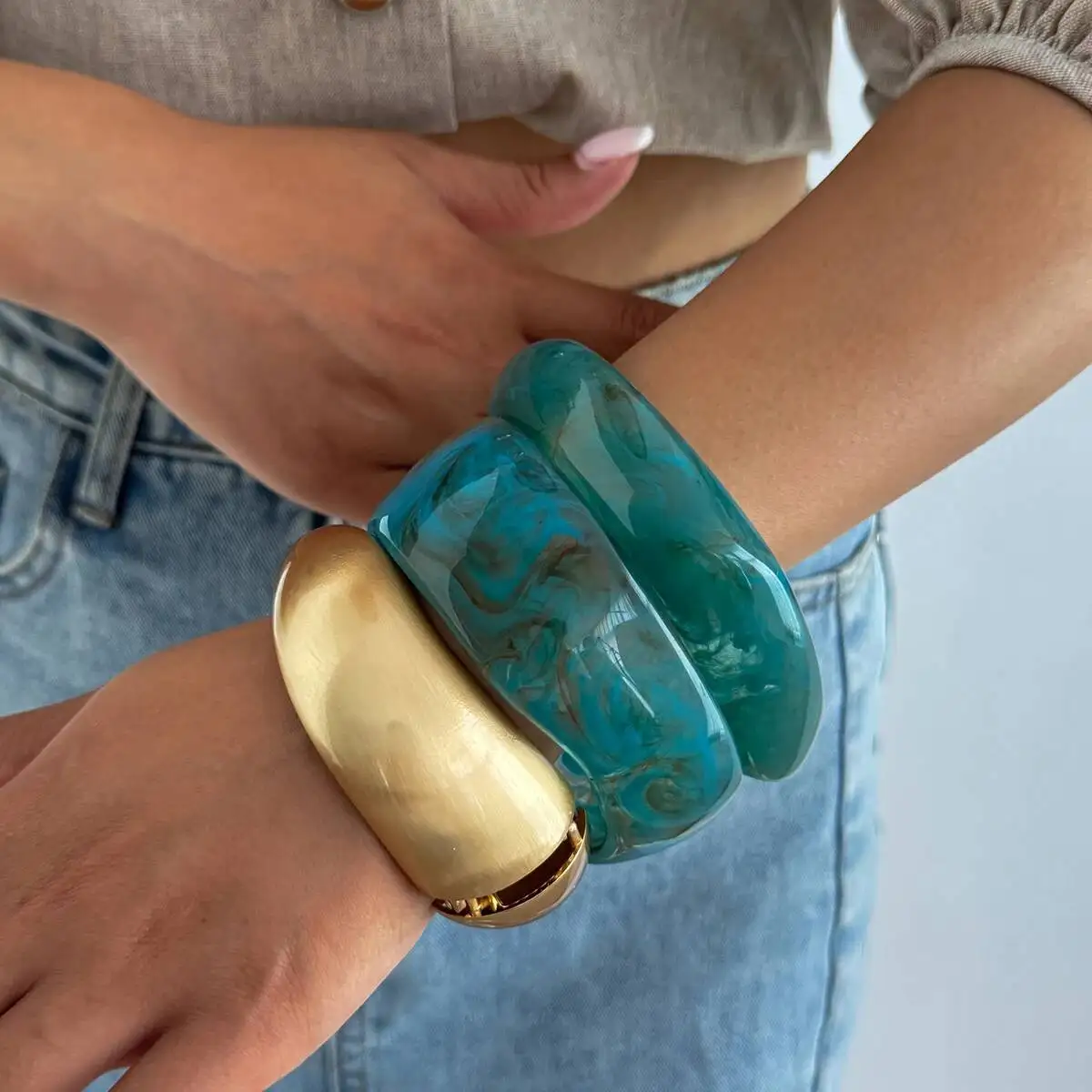 PuRui 3 Style Vintage Boho Blue Chunky Resin Wide Bangles for Women Punk Hip Hop Stackable Metal Spring Bracelets Charm Jewelry