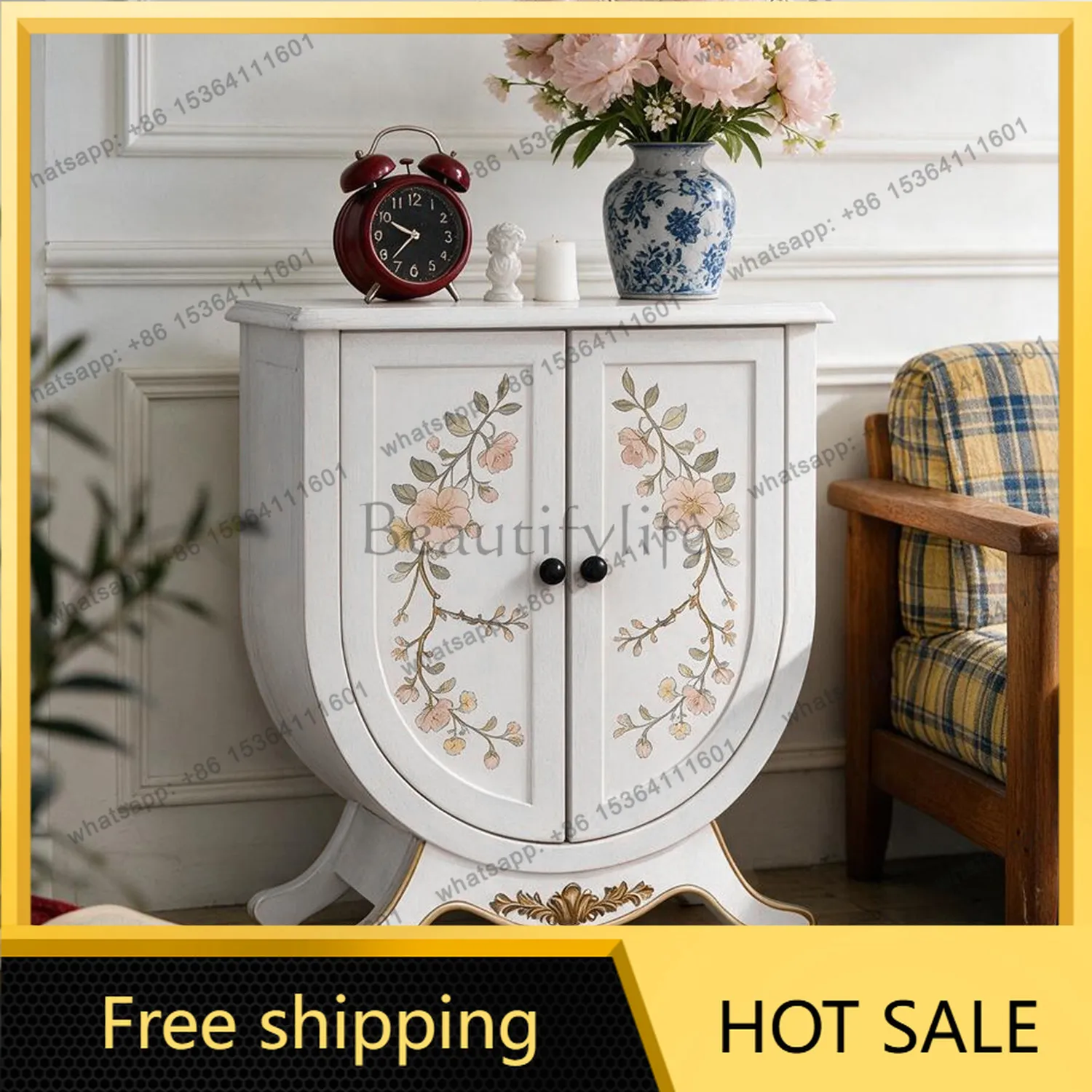 Factory Direct American White Double Door Flower Painted Bucket Cabinet Foyer Bedroom Storage Entrance Cabinet