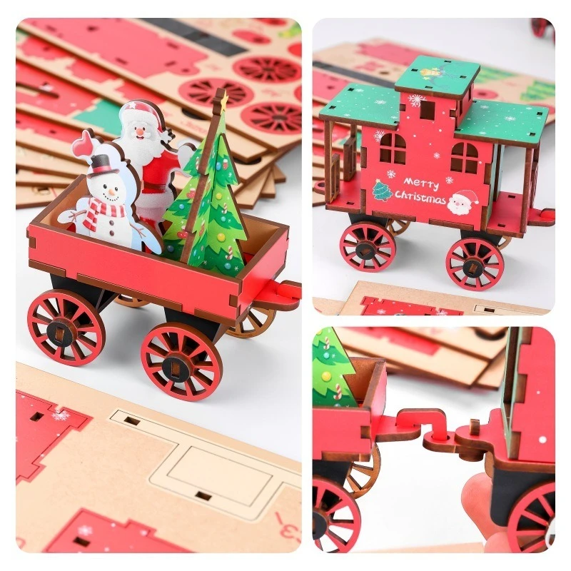 Drewniane puzzle 3D Model pociągu świątecznego Zabawka puzzle dla uczniów DIY Klocki konstrukcyjne Prezent dla dzieci