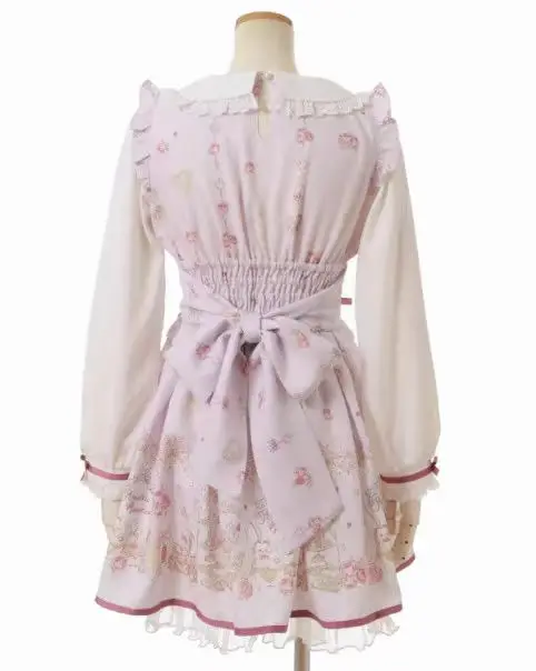 Japanese Mine Style Mass-produced Sweet Cute Doll Collar Bow Long Sleeve Printed Lace-up High Waist Slim Fit Lolita Dress Women