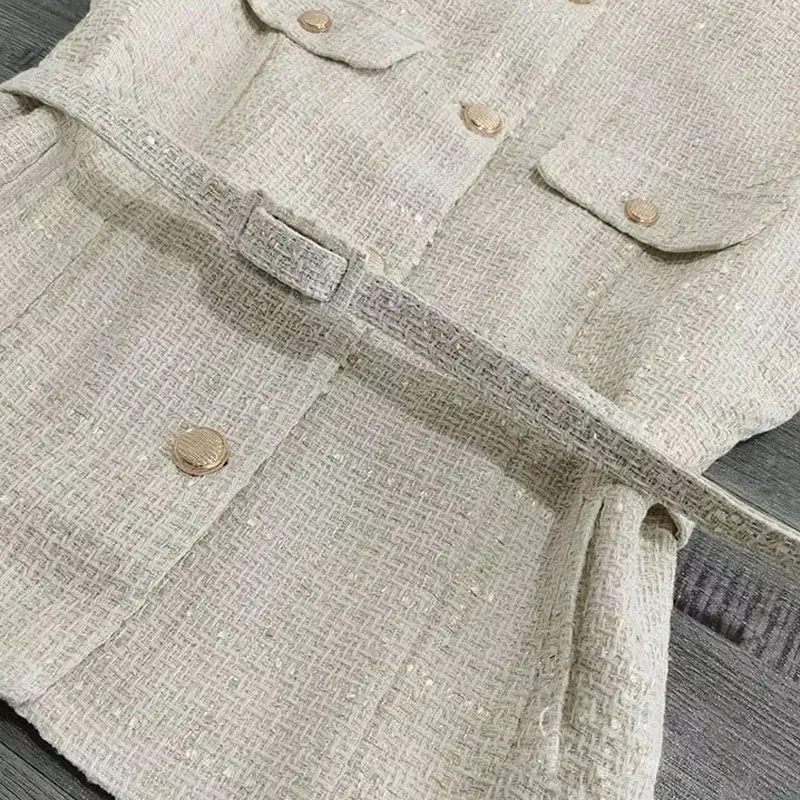 2025 Woman Fashion Tweed Texture Vest Casual Slim Versatile Women Single Breasted With Belt Tank Tops Summer Outerwear