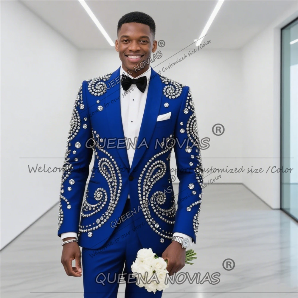 بدلة فاخرة مطرزة بالكريستال الفضي للرجال لحفلات الزفاف مخصصة واحدة الصدر للحفلات الراقصة بدلة زفاف العريس زي أوم